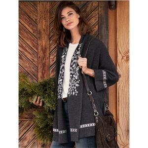 Garnet Hill Sweater Womens M Gray Floral Embroidered Open‎ Cardigan Merino Wool